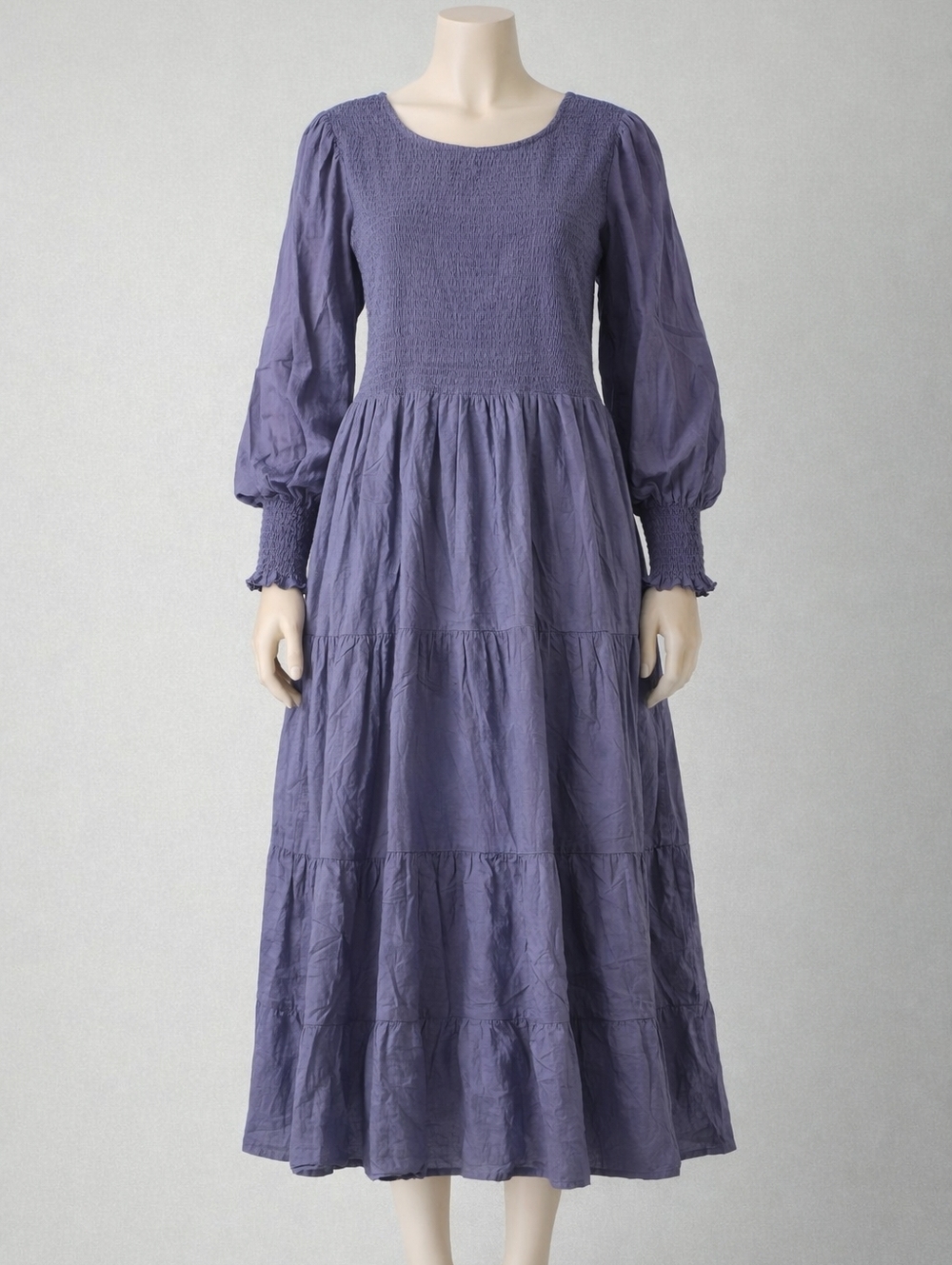 Bluish Long Sleeve Smocked Midi Dress